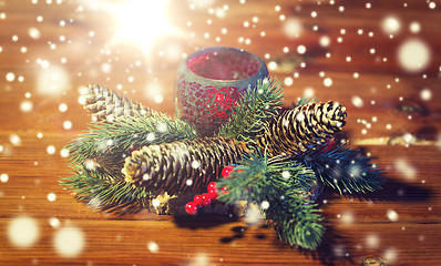 Image showing christmas fir branch decoration and candle lantern