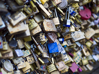 Image showing Love locks in Paris bridge symbol of friendship and romance