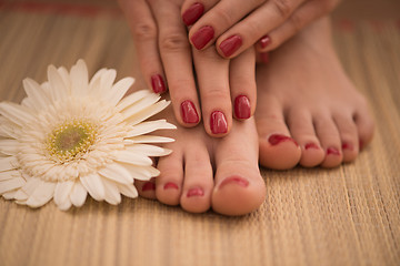 Image showing female feet and hands at spa salon