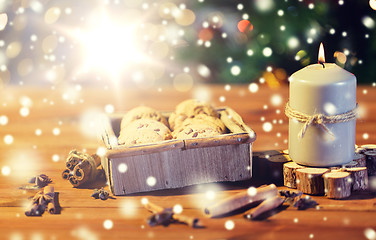 Image showing close up of christmas oat cookies on wooden table