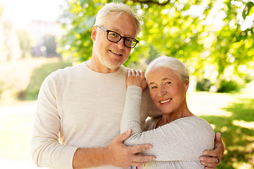 Image showing happy senior couple hugging at summer park