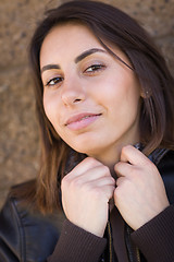 Image showing Beautiful Meloncholy Mixed Race Young Woman Portrait Outside.