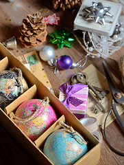 Image showing Gifts and vintage christmas ornaments 