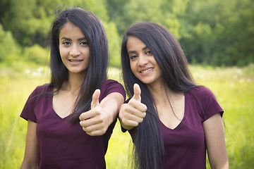 Image showing Portrait of a happy sisters twins showing thumbs up 