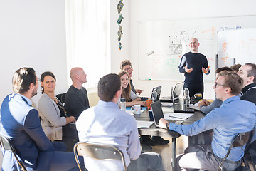 Image showing Relaxed informal IT business startup company team meeting.