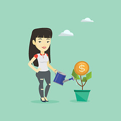 Image showing Business woman watering money flower.