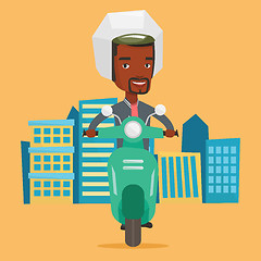 Image showing African-american man riding scooter in the city.