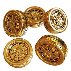 Image showing Golden wheels Set isolated on white. Top view. 3d illustration