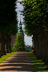 Image showing A beautiful summer green ale leading to Frederiksborg Palace in 