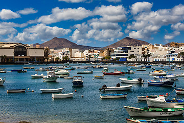 Image showing Small fishing boats in the lagoon in the capital Arrecife in Lan