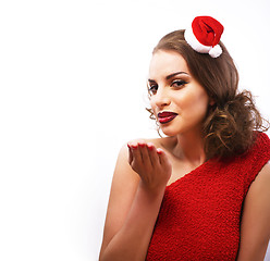 Image showing young pretty happy smiling brunette woman on christmas in santas