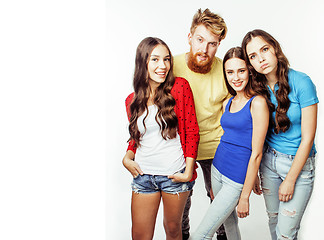 Image showing company of hipster guys, bearded red hair boy and girls students