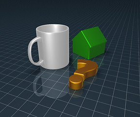 Image showing mug, question mark and house model - 3d rendering