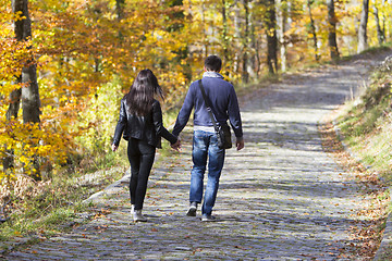 Image showing Young couple walking in a park in autumn forest