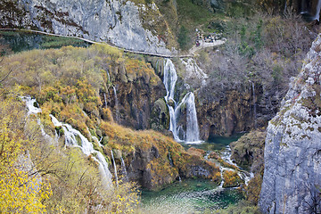 Image showing Autumn view of beautiful waterfalls in Plitvice Lakes National P