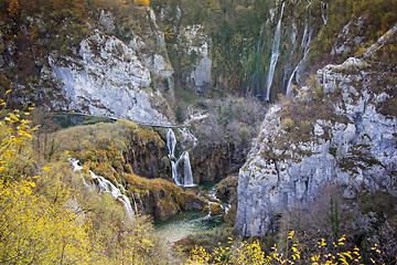 Image showing Autumn view of beautiful waterfalls in Plitvice Lakes National P