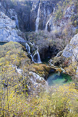 Image showing Autumn view of beautiful waterfalls in Plitvice Lakes National P