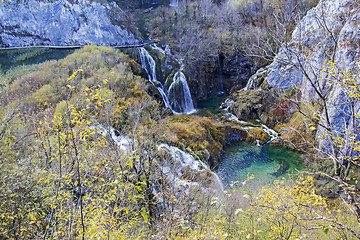 Image showing Autumn view of beautiful waterfalls in Plitvice Lakes National P