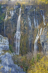 Image showing Autumn view of beautiful waterfalls in Plitvice Lakes National P