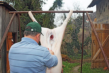 Image showing Traditional home made pig slaughtering in rural