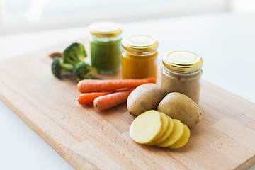 Image showing vegetable puree or baby food in glass jars