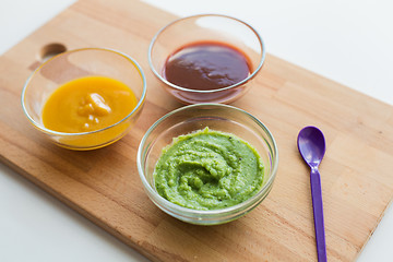 Image showing vegetable puree or baby food in glass bowls