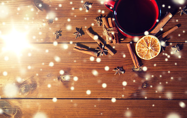 Image showing tea cup with winter spices on wooden table