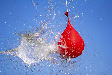 Image showing Explosion of balloon full of water on sky background