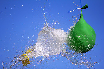 Image showing Explosion of balloon full of water on sky background