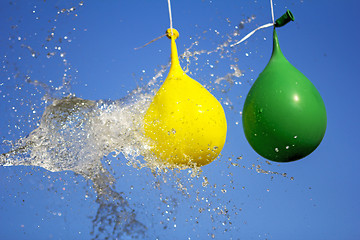 Image showing Explosion of balloon full of water on sky background