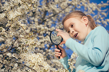 Image showing Happy little girl exploring nature with magnifying glass at the 