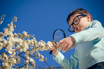 Image showing Happy little boy exploring nature with magnifying glass at the d