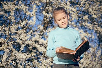 Image showing One little girl reading a book on a blossom tree.