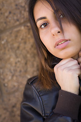 Image showing Beautiful Meloncholy Mixed Race Young Woman Portrait Outside.