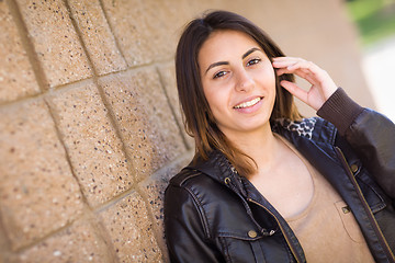 Image showing Beautiful Happy Mixed Race Young Woman Portrait Outside.