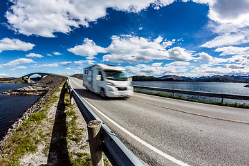 Image showing Caravan car RV travels on the highway Atlantic Ocean Road Norway