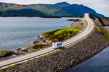 Image showing Caravan car RV travels on the highway Atlantic Ocean Road Norway