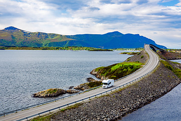 Image showing Caravan car RV travels on the highway Atlantic Ocean Road Norway