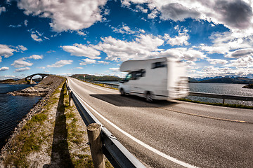 Image showing Caravan car RV travels on the highway Atlantic Ocean Road Norway