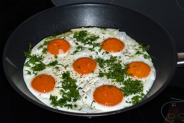 Image showing Frying pan with fried eggs.