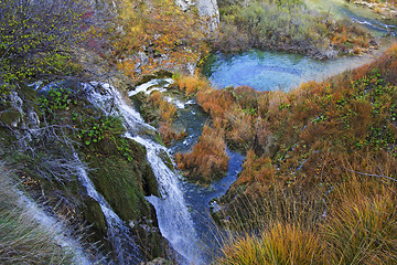 Image showing Plitvice Lakes and waterfalls with Autumn colors of  National Pa