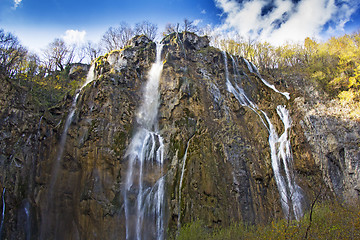 Image showing Plitvice Lakes with a big waterfall under the blue sky National 