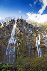 Image showing Plitvice Lakes with a big waterfall under the blue sky National 