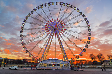 Image showing Place de la Concorde at sunset. Ferris wheel and Egyptian obelis