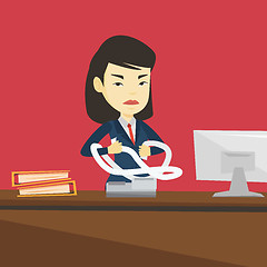 Image showing Angry business woman tearing bills or invoices.