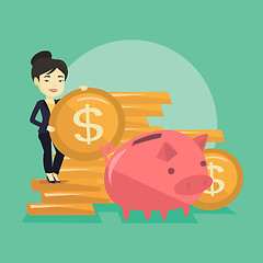 Image showing Business woman putting coin in piggy bank.