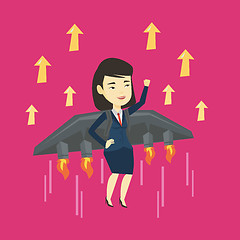 Image showing Business woman flying on the rocket to success.