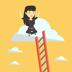 Image showing Happy business woman sitting on the cloud.