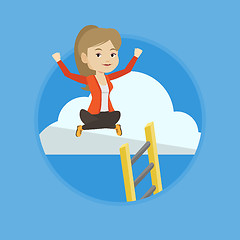 Image showing Happy business woman sitting on the cloud.