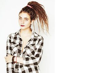 Image showing real caucasian woman with dreadlocks hairstyle funny cheerful fa